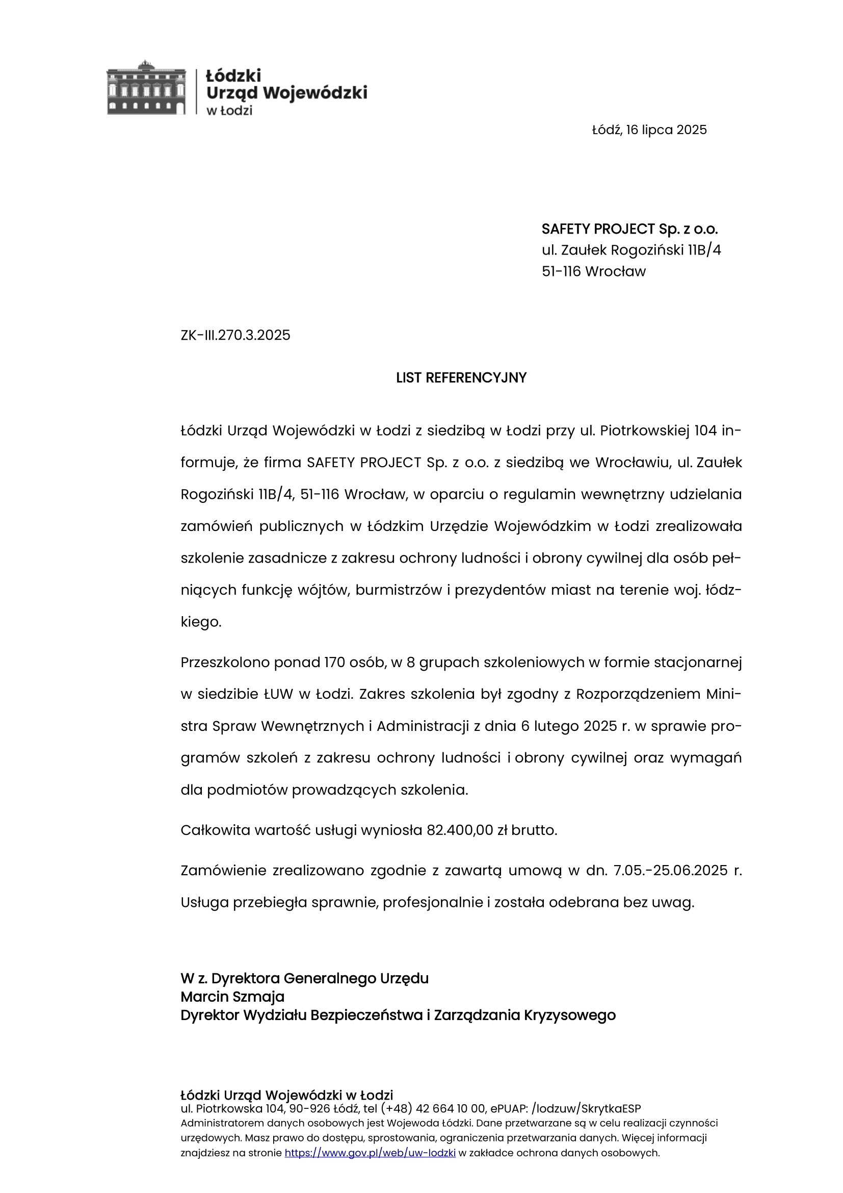 Referencje Łódzki Urząd Wojewódzki w Łodzi