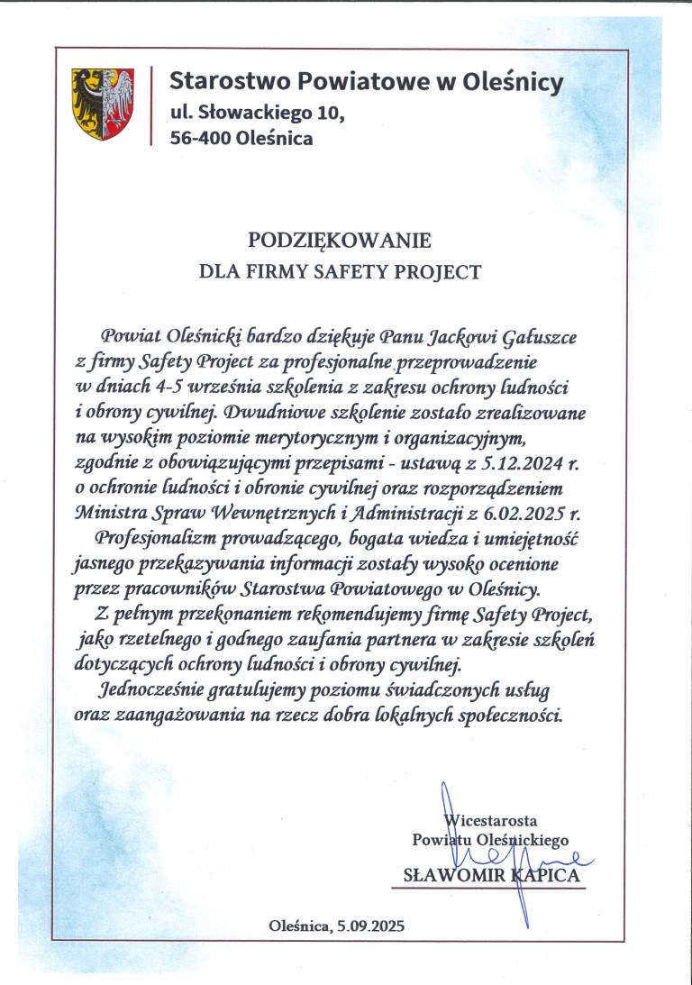 Referencje - 2025-09-05 - Starostwo Powiatowe Oleśnica - dla Safety Project